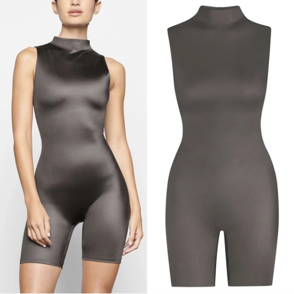 1. NWT SKIMS ALL-IN-ONE SHINE MOCK NECK MID THIGH ONESIE IN GUNMETAL